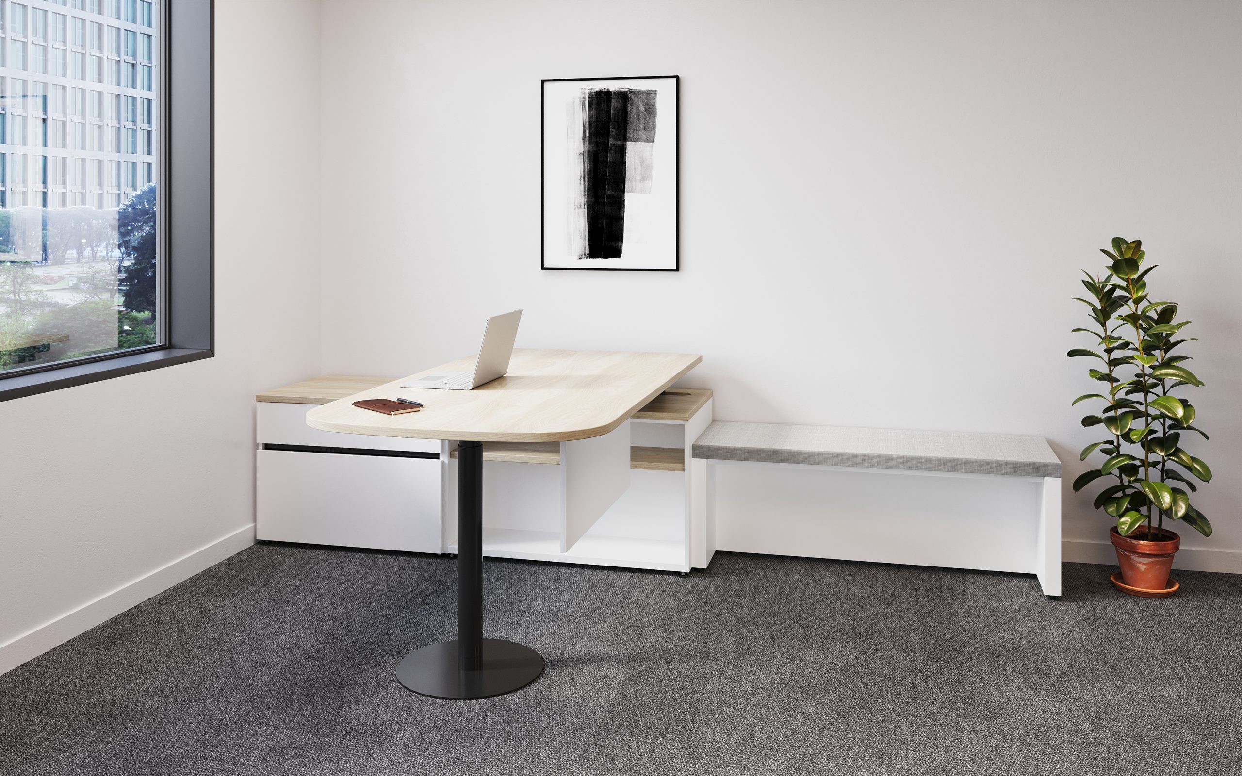 Compact Hudson Private Office build 90”L x 72”W x 30”H workstation. The 72”L x 30”D desk features a soft radius top with a disc height adjustable base and a low credenza (66"L x 21"D x 23"H) offering open/closed storage. With a Hudson bench beside.
