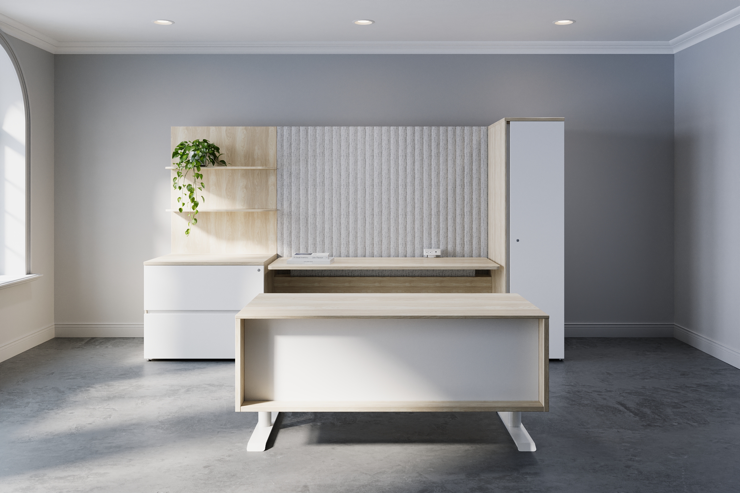 Hudson private office: Thin 5/8" radius-corner shelves laminate wall boards with Ridgeline PET wallboards beside. With 108"L of filing storage and a 72"L x 30"D Signature Height Adjustable Desk and a fixed height adjustable desk behind.  Shown here with Abet Tivoli Grey, New Grey, and Pepperdust laminate and black metal finishes.