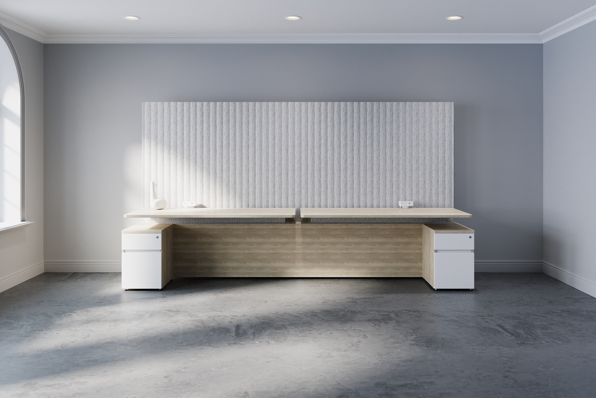 This Hudson configuration features Ridgeline PET felt wall boards, pedestal storage, and wall-mounted height-adjustable desks. Shown here in Bleached Oak and White laminate with white metal finishes.