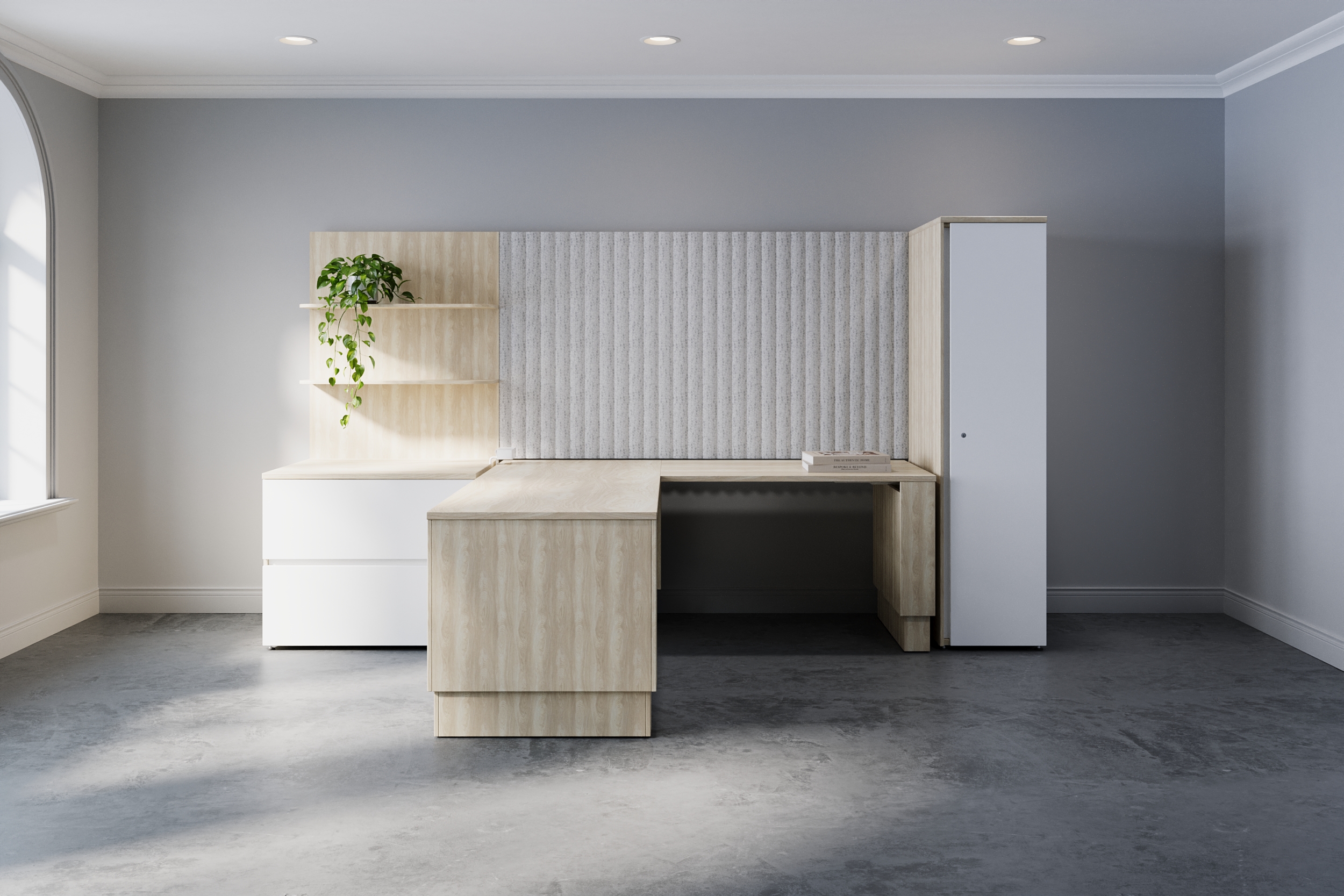 Hudson private office configuration. Enclosed height-adjustable desk with wardrobe and box, box storage. Thin 5/8" radius-corner shelves laminate wall boards with Ridgeline PET wallboards beside.