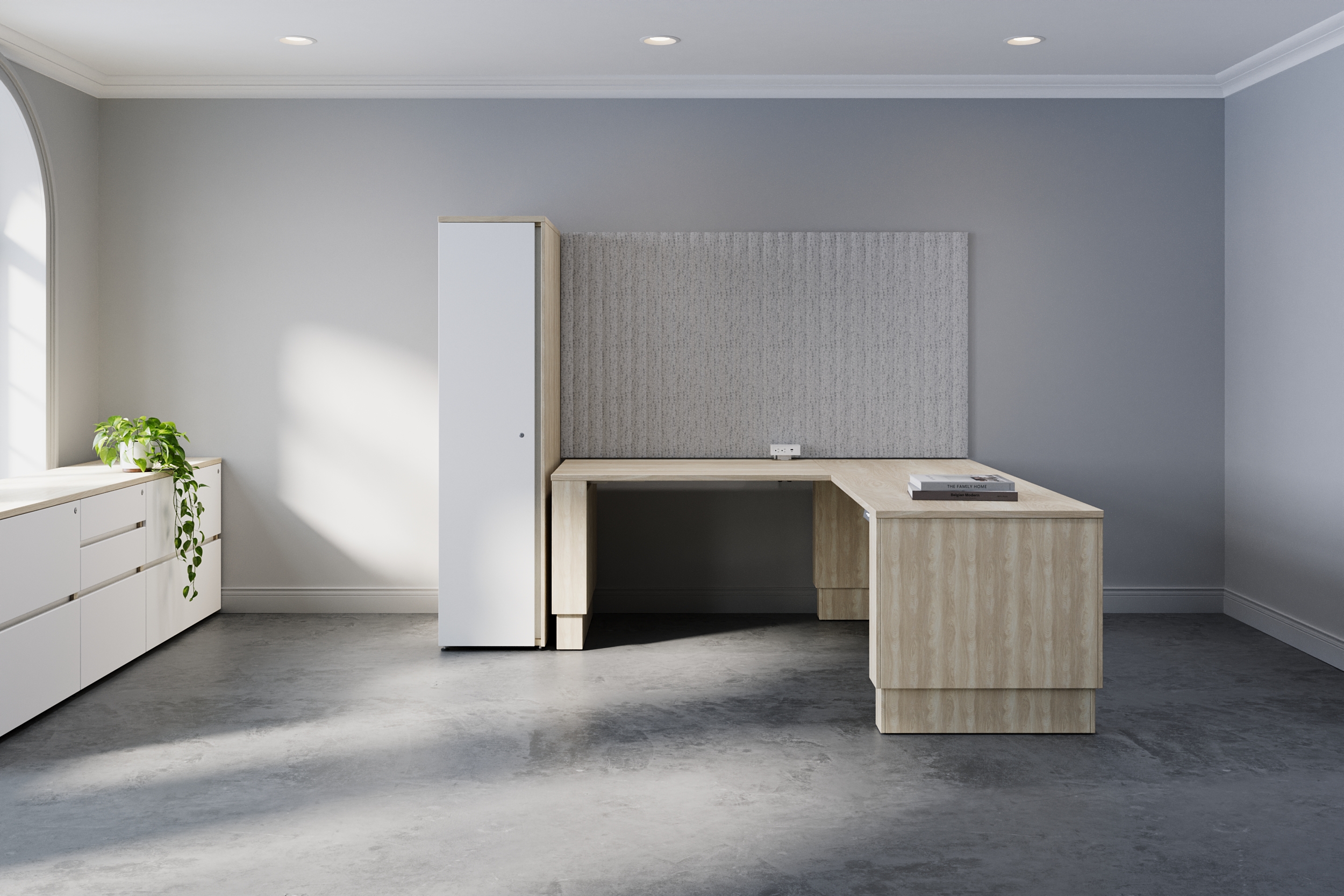 Hudson private office configuration. Enclosed height-adjustable desk with wardrobe. Ridgeline PET wallboards behind. Hudson credenza with box, box and box, file storage beside.